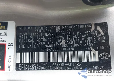 2014 Toyota Avalon Xle Touring z USA, uszkodzony, nr VIN 4T1BK1EB6EU104328